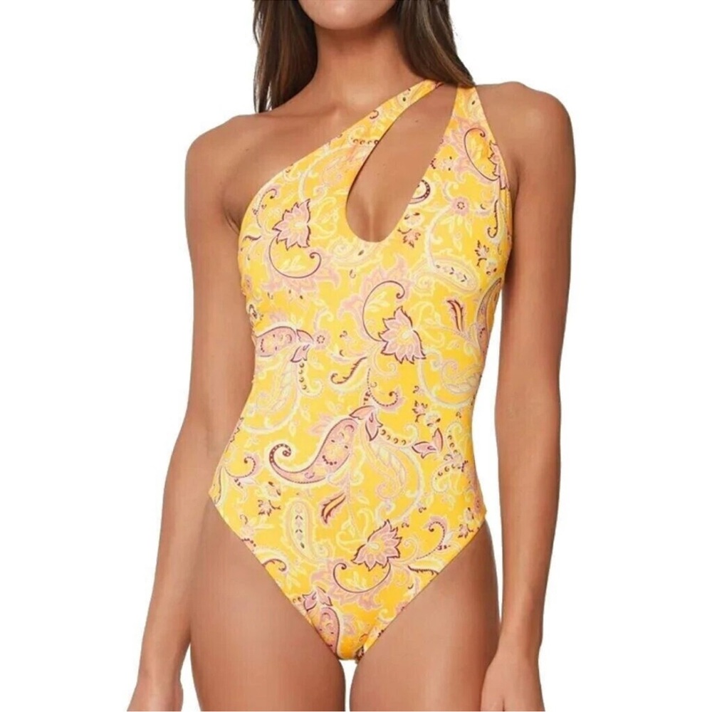 Sanctuary Yellow Paisley One-Shoulder Swimsuit
